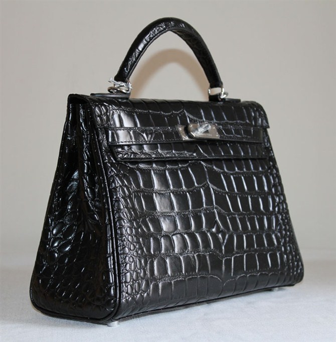 7A Replica Hermes Kelly 32cm Crocodile Veins Leather Bag Black HC0001
